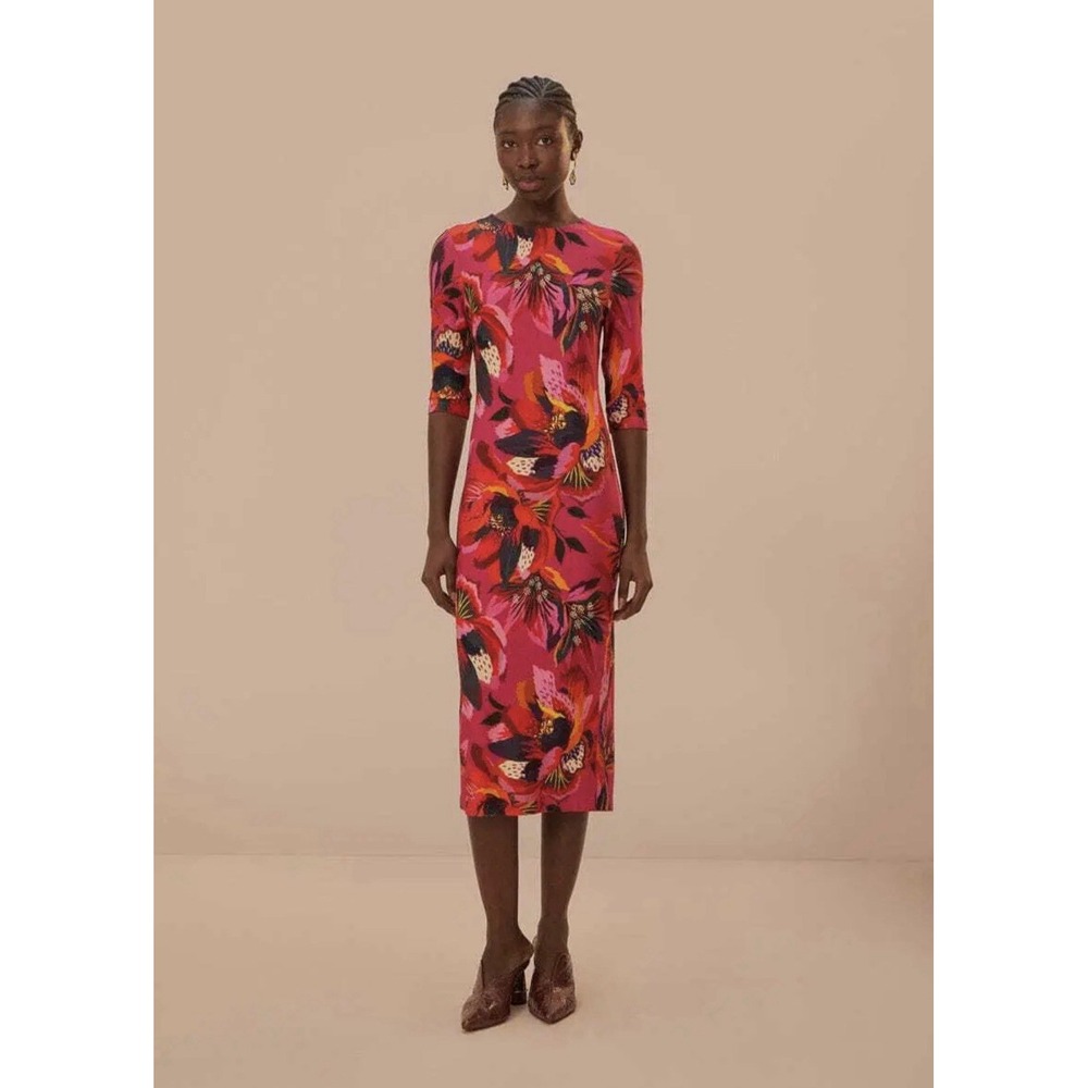 Farm Rio Colorful Flowers Jersey Midi Dress XS Pink Floral Tropical Resort NWT
